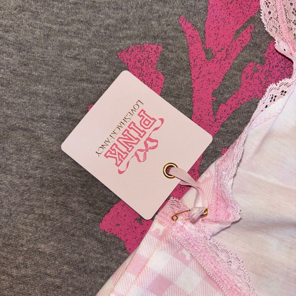 PINK x LoveShackFancy Cotton Cami Tank Top Icon Gingham Pink & White Plaid XL - Picture 6 of 12